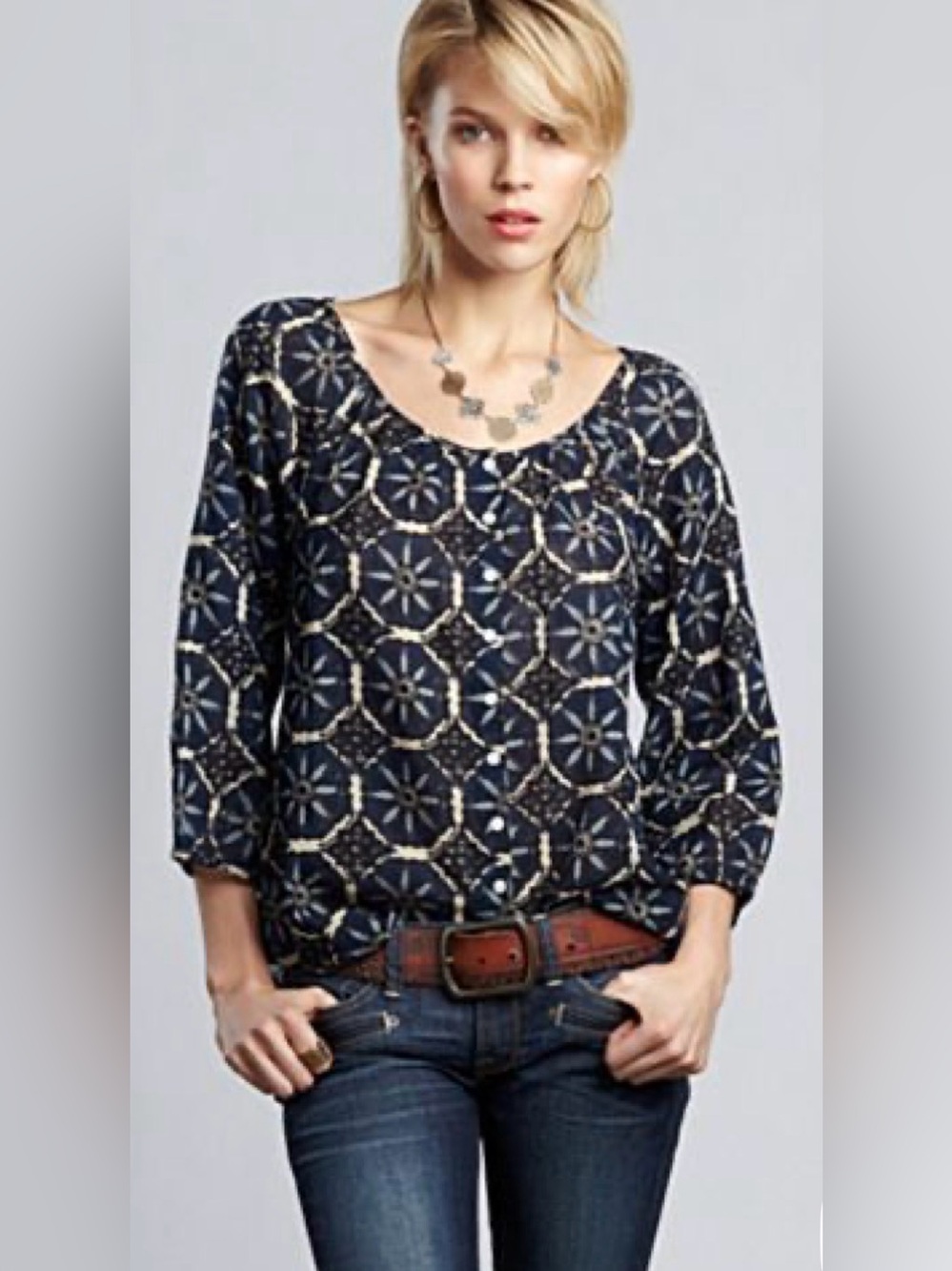 Lucky Brand X JOHN ROBSHAWS Women's Cotton Button Front Blouse Size XS EUC